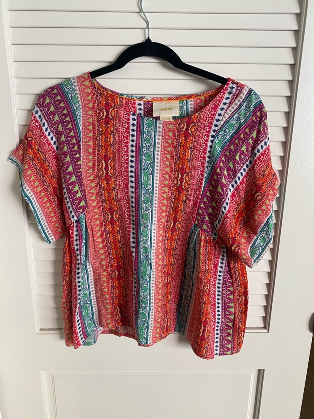Maeve Colorful Striped Boho Blouse in Pink, Orange & Green